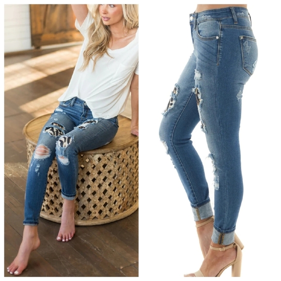 Judy Blue Stretch Denim Distressed Skinny Jeans Leopard Print Patch size 7/28 - Picture 3 of 16